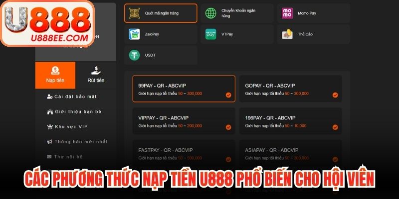 Các phương thức nạp tiền U888 phổ biến cho hội viên